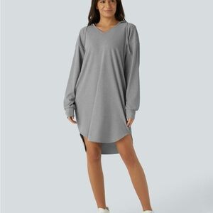 Drawstring Hooded Long-sleeve High Low Mini Waffle Casual Sweatshirt Dress